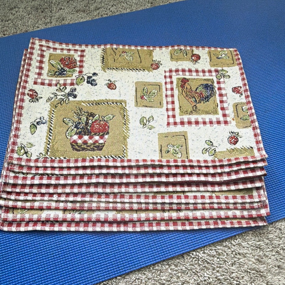 Set of 8 Tapestry Farm Rooster Fruit Basket/count Rooster Red Gingham Placemats